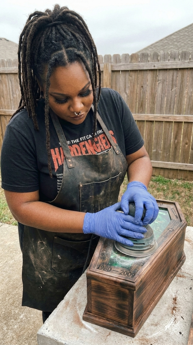 Salem hand-carving a coffin lamp